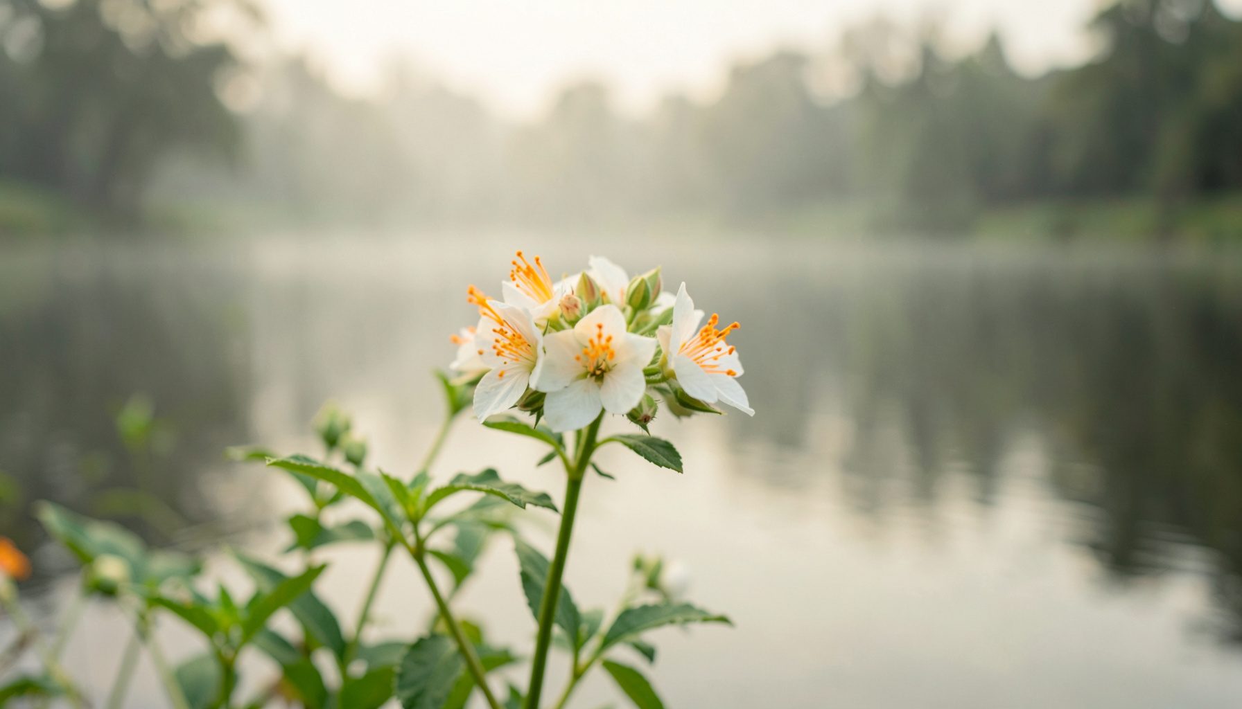 Närbild av en vit blommande växt vid en dimmig sjö i gryningen, med siluett av träd och lugna reflektioner i mjuka creme- och gröna toner